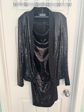 Donna Karan Black Sequin Blazer & Dress Ensemble